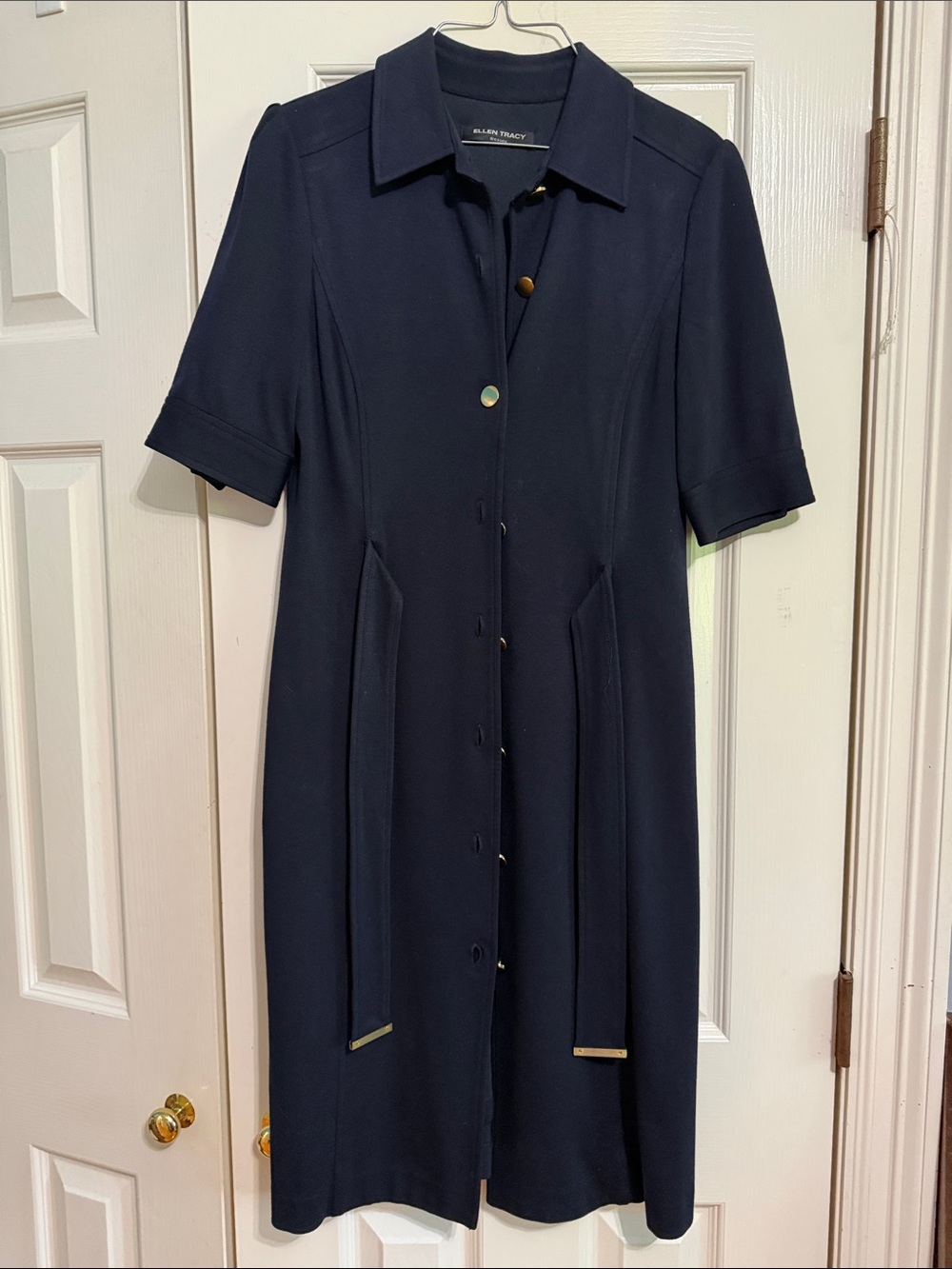 Ellen Tracy Navy Short-Sleeve Midi Shirt Dress with Gold Accents